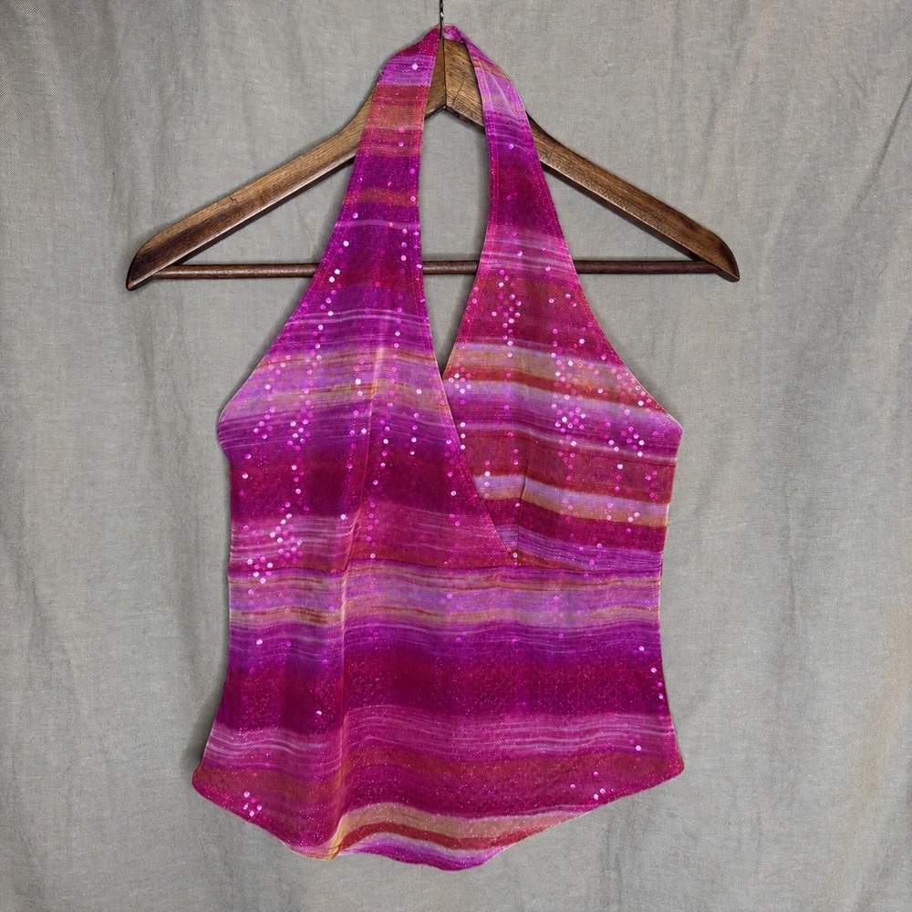 Y2K FairyCore Pink Orange Striped Sequin Glitter Halter Top Large Boho Festival